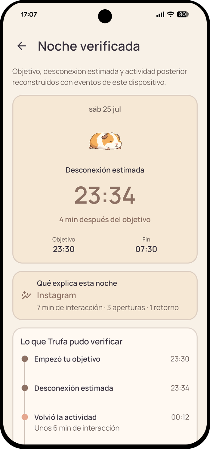 Pantalla actual de noche verificada con la hora estimada de desconexión.